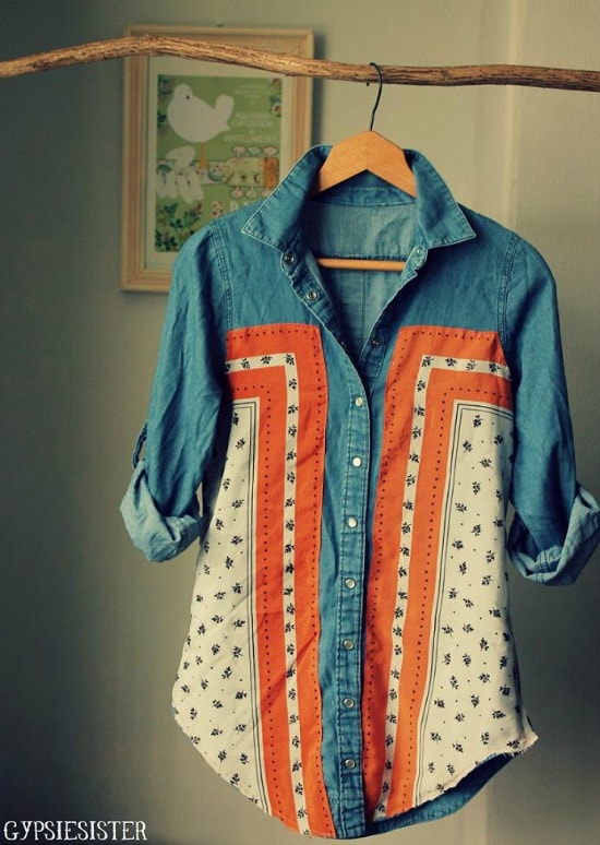 a shirt upcycled with a scarf as a clever way to reuse old clothes 