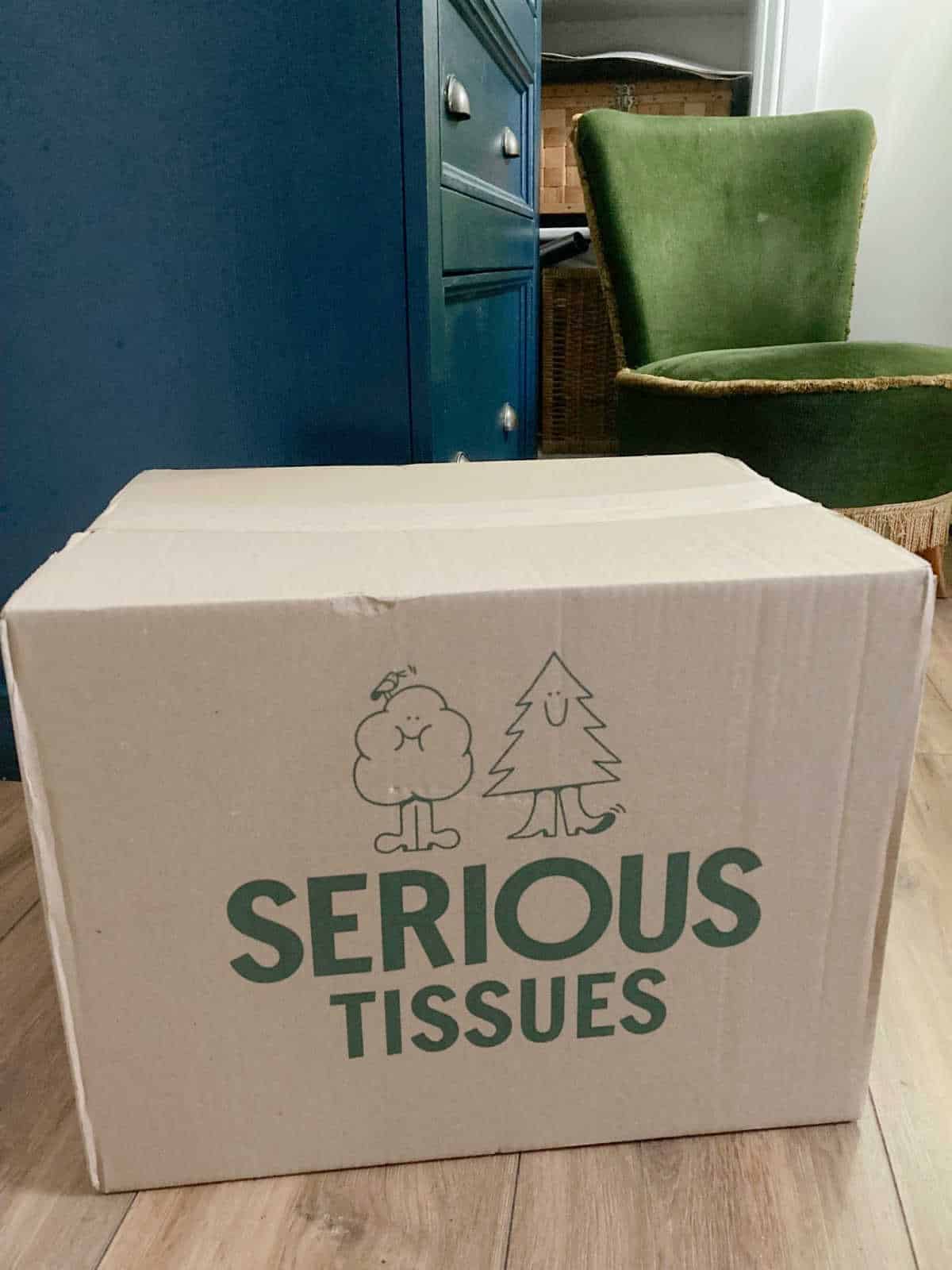 Sealed cardboard box of serious tissues toilet roll