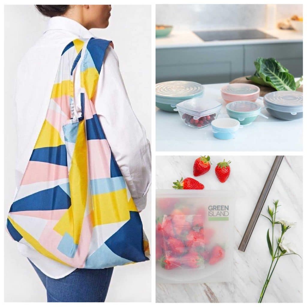 Sustainable products for a plastic-free life on the go, including reusable shopping bags and plastic-free food saving products such as silicone bags.