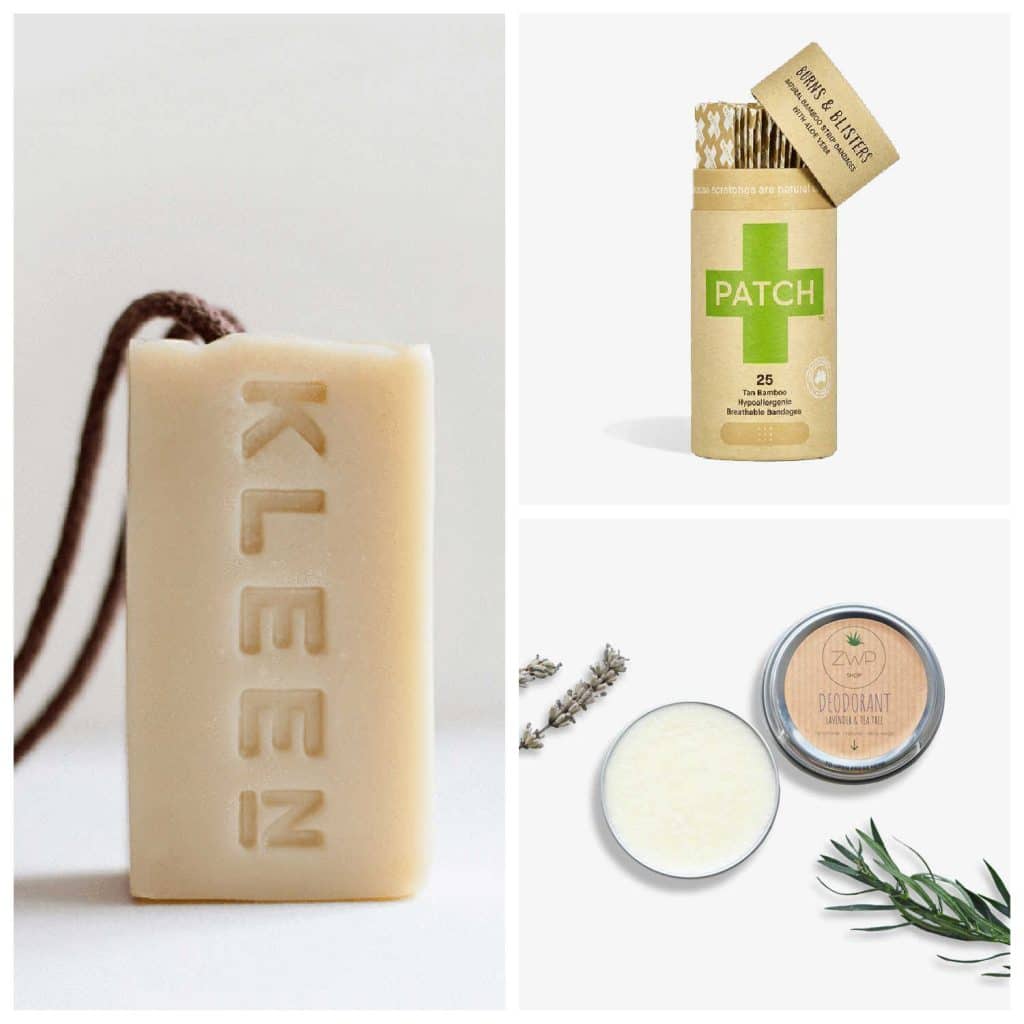 A selection of plastic-free products available from The Ideal Sunday, including bar soap, deodorant in a tin, and natural bamboo plasters.