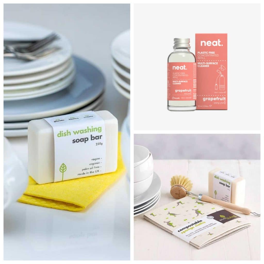 A selection of zero-waste household products available from The Ideal Sunday, including solid dishwashing soap, compostable kitchen cloths, and concentrated cleaning products.