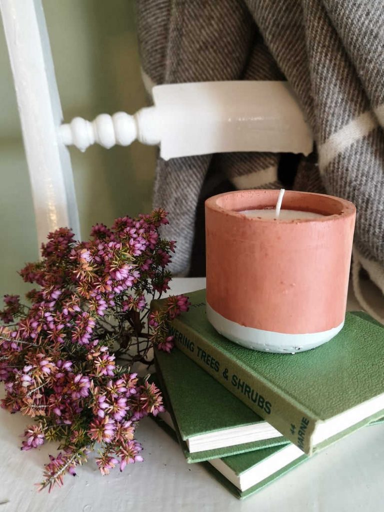 Osie Norfolk's candle in a terracotta pot, sitting on top of green book and next to pink dried flowers.