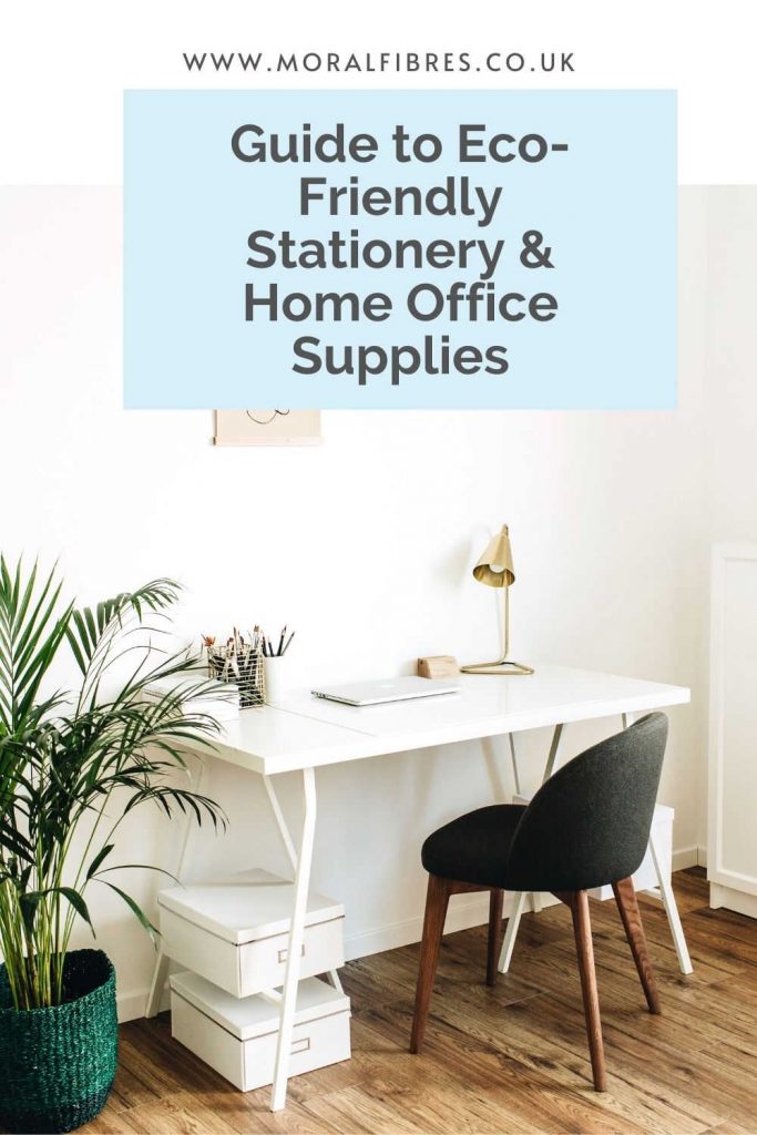 A home office set up with a white desk and gold lamp, and the caption "guide to eco-friendly stationery and home office supplies".