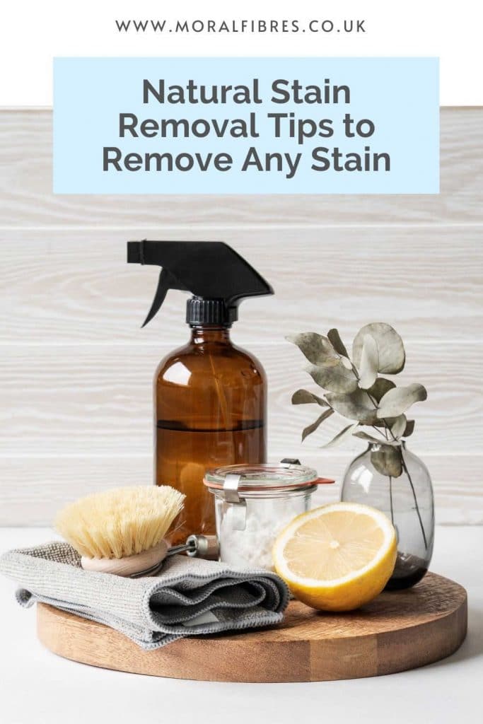 A range of natural cleaning ingredients with blue text box that says natural stain remover tips to remove any stain