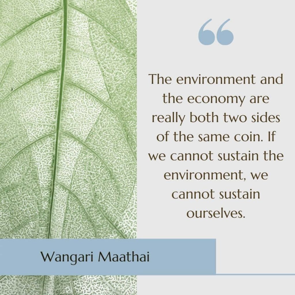 Image of a leaf with the sustainability quote “The environment and the economy are really both two sides of the same coin. If we cannot sustain the environment, we cannot sustain ourselves” by  Wangari Maathai