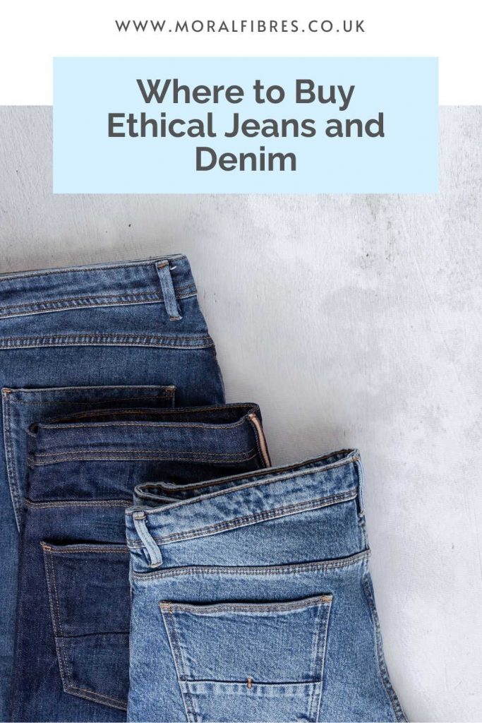 Image of three pairs of jeans on a grey background with a blue text box that says where to buy ethical jeans and denim