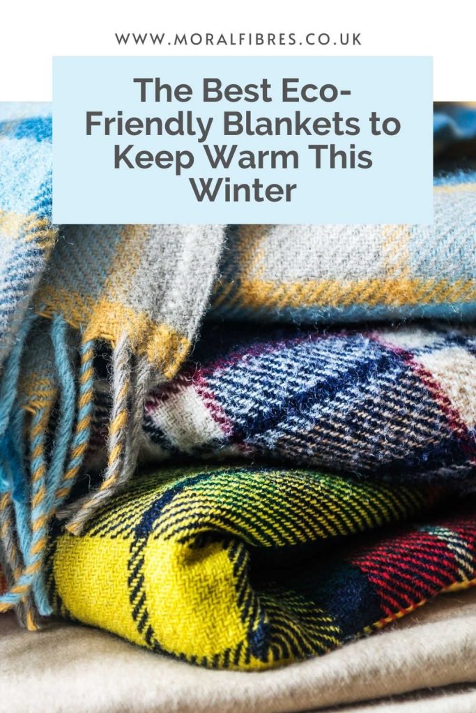 Image of some folded tartan blankets with a blue text box that says the best eco-friendly blankets to keep warm with this winter