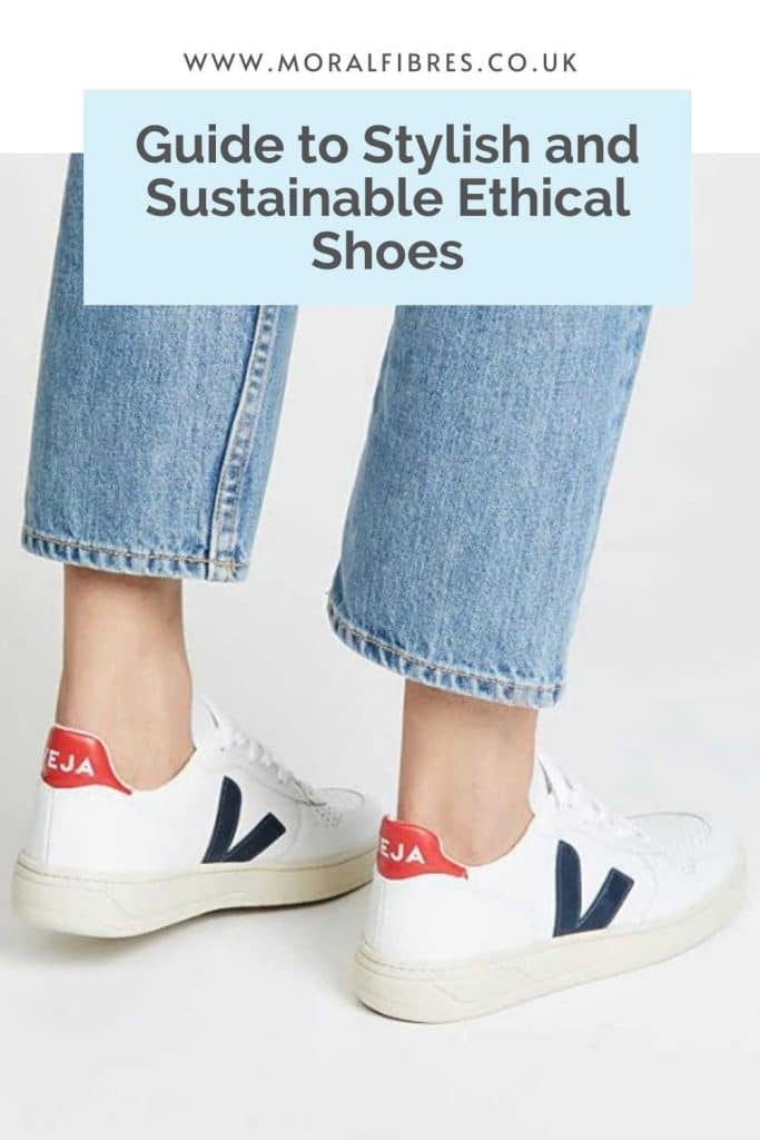 Image of a persons legs in jeans wearing trainers, with a blue text box that says guide to stylish and sustainable ethical shoes