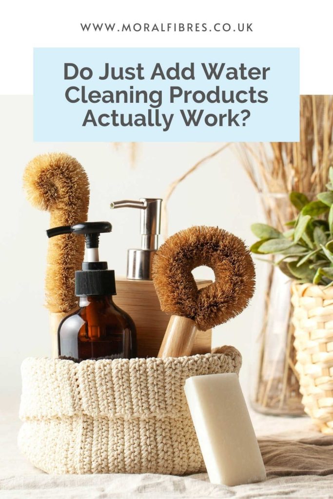 Image of natural cleaning products and equipment in a cream wool basket, with a blue text box that says do just add water cleaning products actually work?