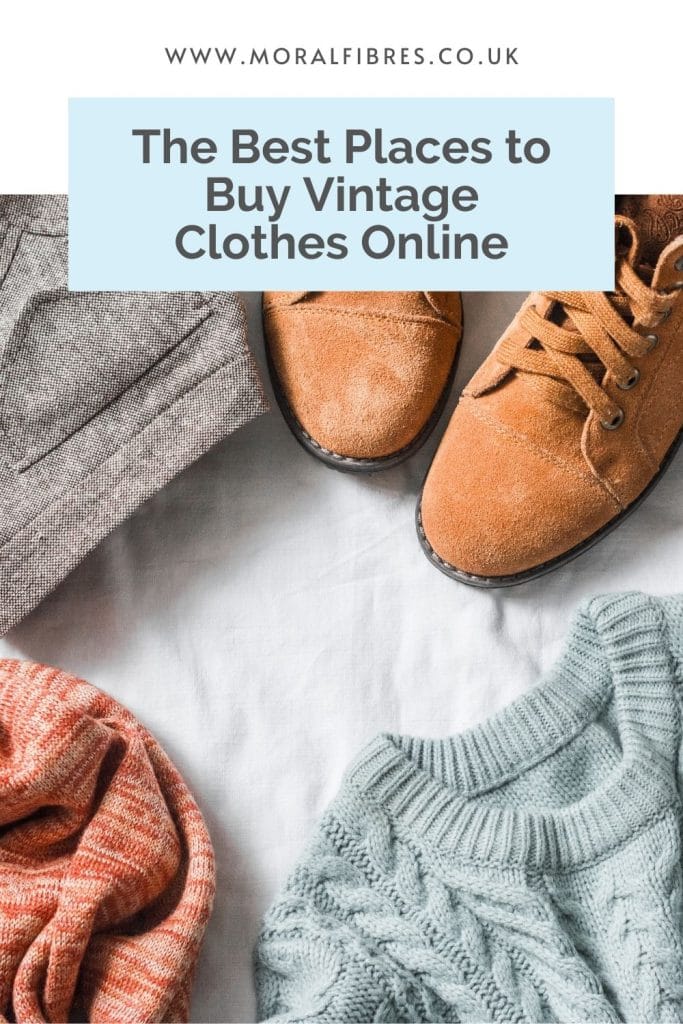Image of knitwear and suede shoes with a blue text box that says the best places to buy vintage clothes online