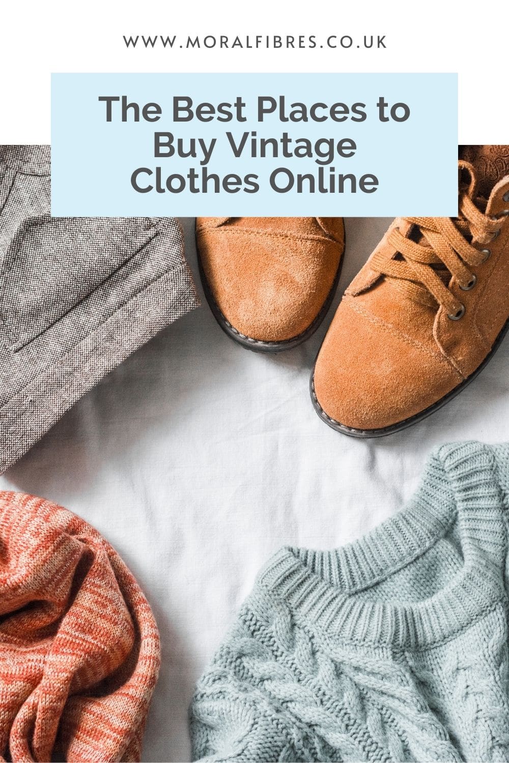 Flat lay of knitwear and suede shoes with a blue text box that reads the best stores to buy vintage clothes online