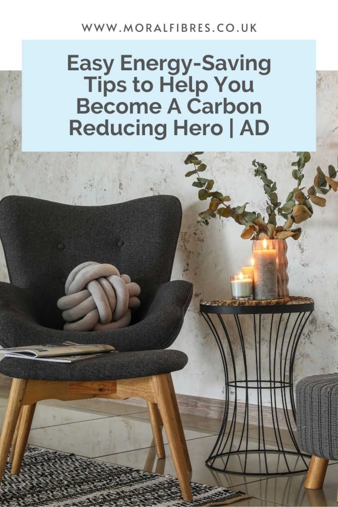 Image of a stylish living room with a blue text box that says easy energy saving tips to help you become a carbon hero.