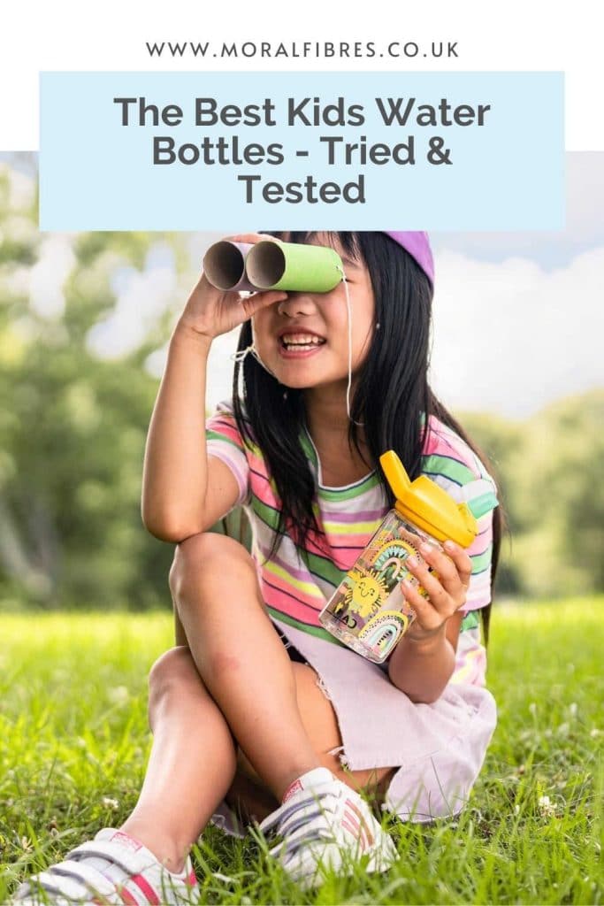 Image of a girl playing outdoors with a blue text box that says the best kids water bottles - tried and tested.