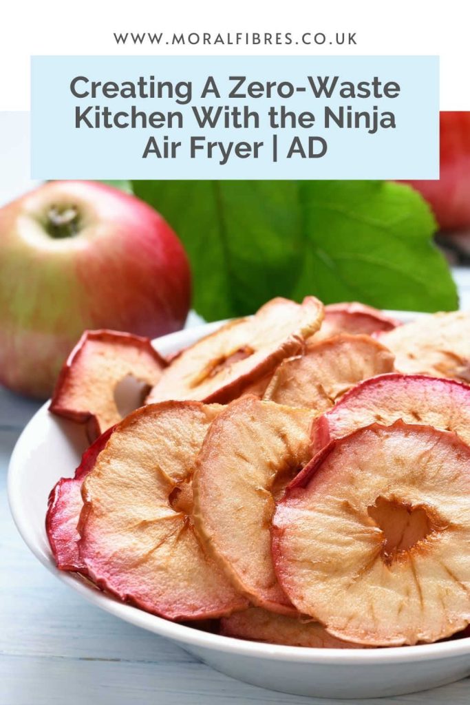 Image of dehydrated apples, with a blue text box that says creating a zero-waste kitchen with the Ninja Air Fryer