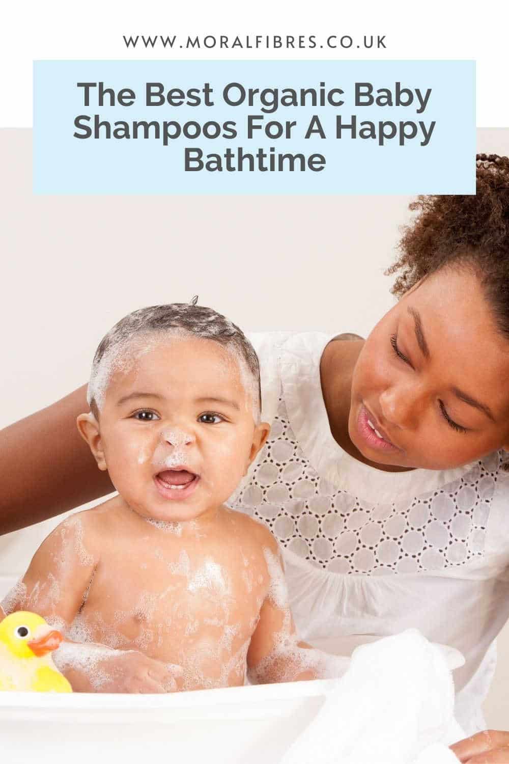 A baby being bathed, with a blue text box that says the best organic baby shampoo for a happy bath time.