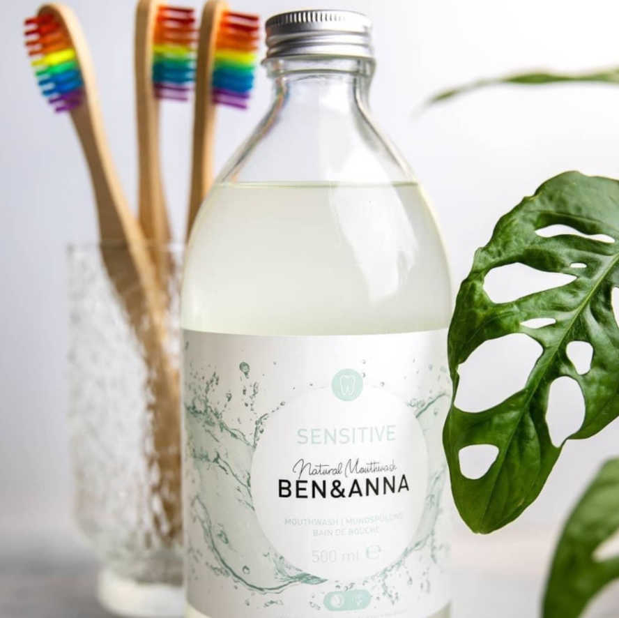 ben and anna eco-friendly mouthwash in a glass bottle