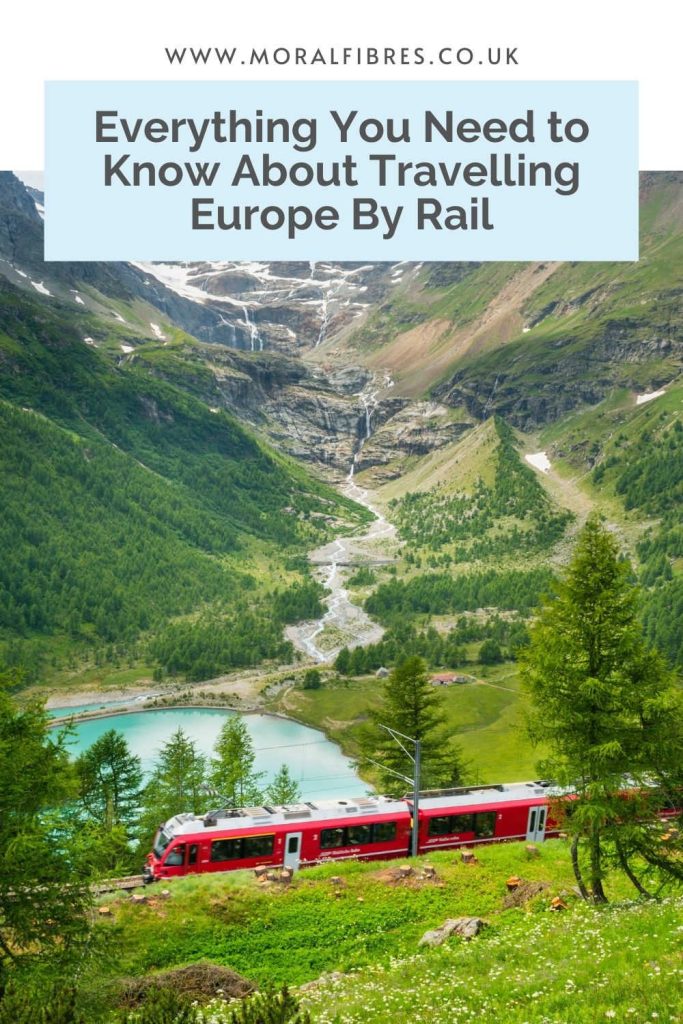Image of a train crossing through a mountainous region, with a blue text box that says everything you need to know about travelling Europe by rail.