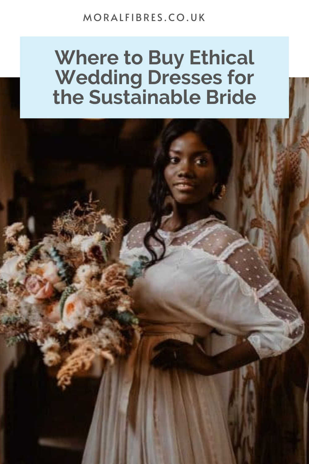 A bride in a vintage wedding dress with a blue text box that says where to buy ethical wedding dresses for the sustainable bride.