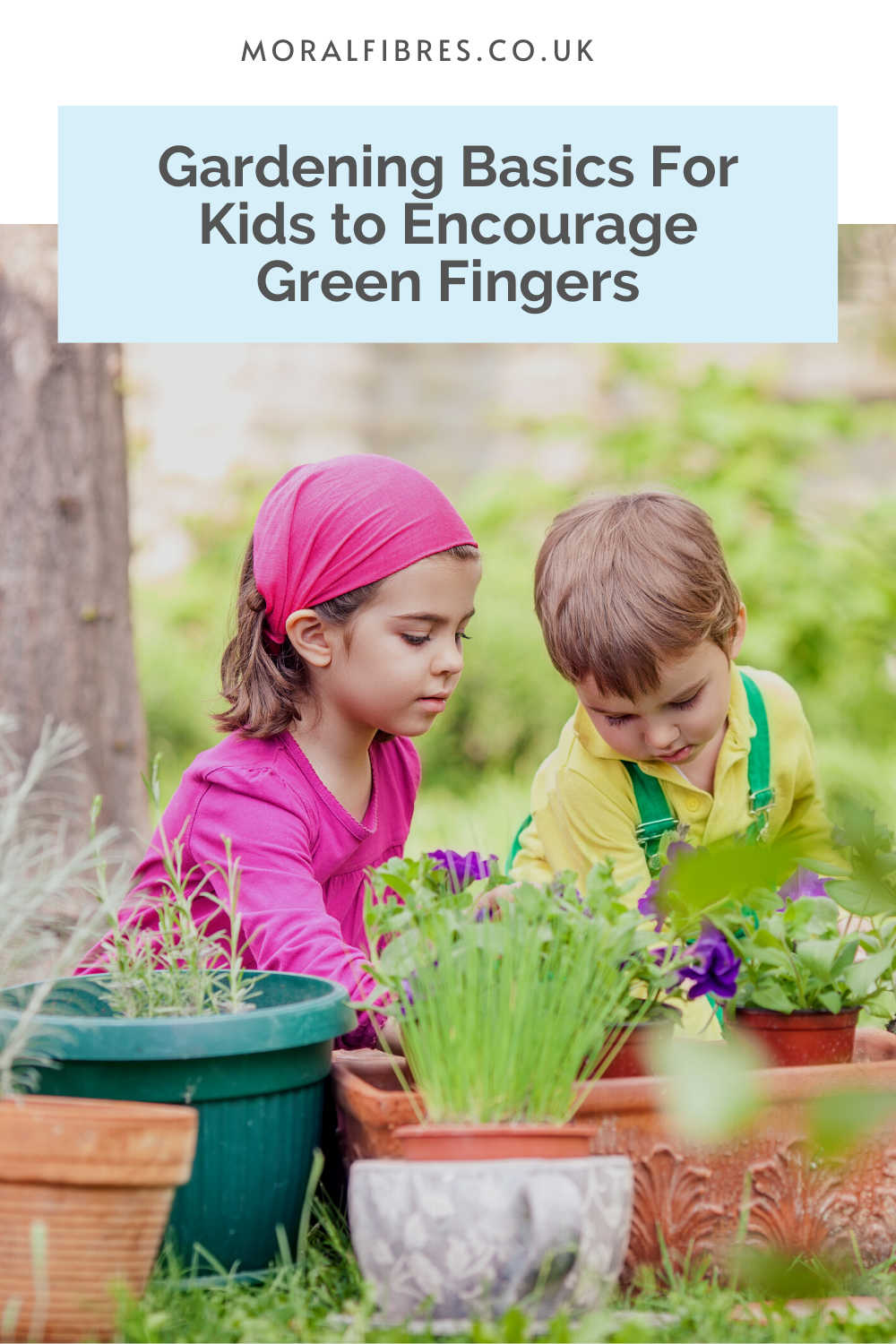 Image of kids gardening with blue text box that says gardening basics for kids to encourage green fingers.
