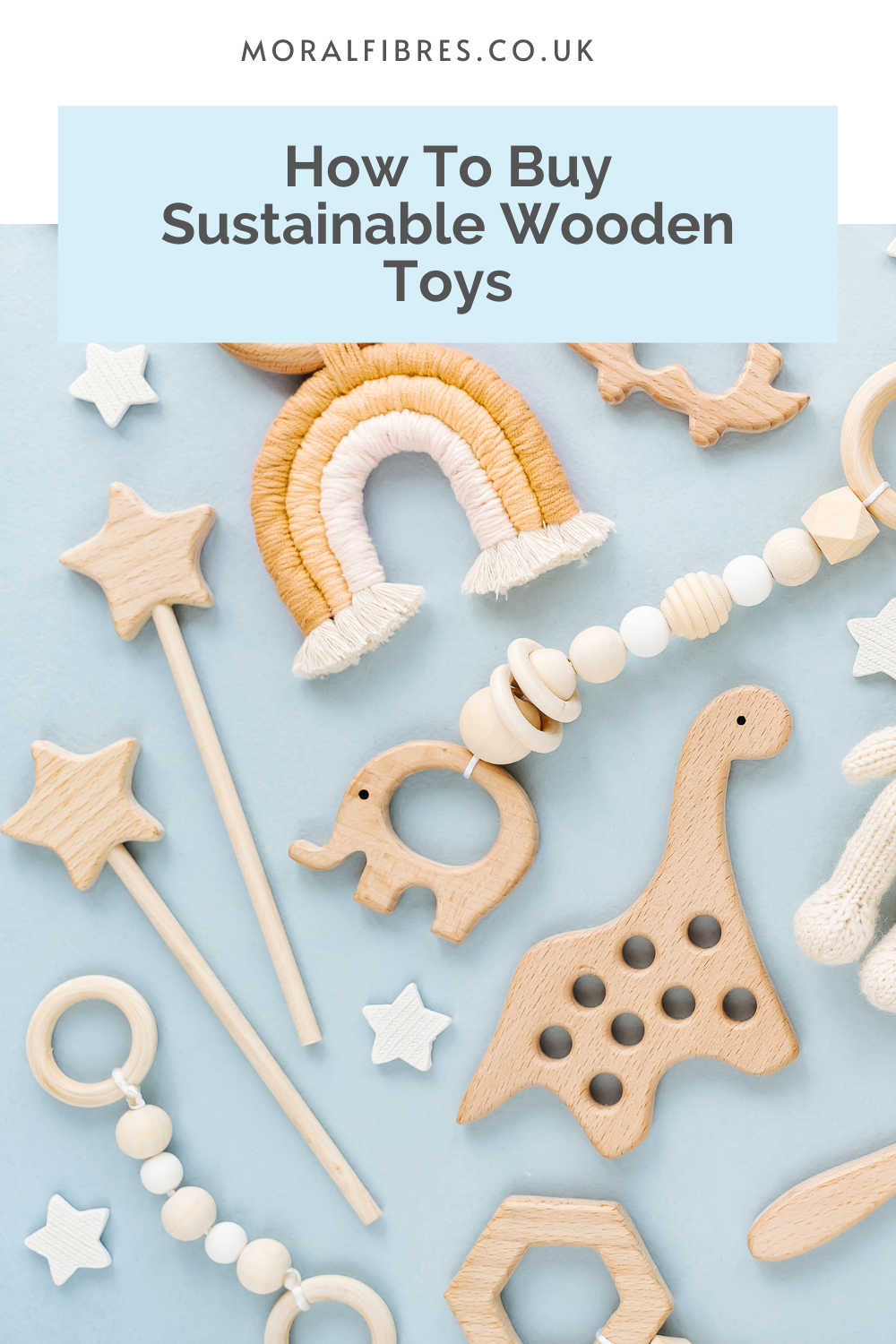 Flatlay of wooden toys with blue text box that says how to buy sustainable wooden toys