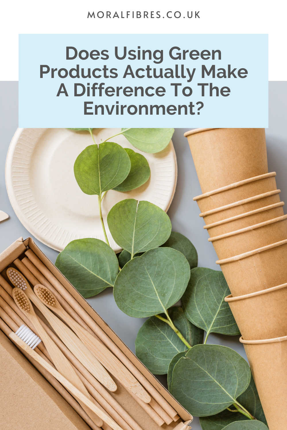 Wooden toothbrushes next to eucalyptus stems with blue text box that reads does using green products actually make a difference to the environment?