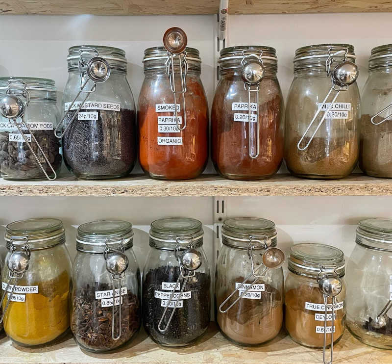 Zero Waste Market's selection of refill spices in its Glasgow shop.