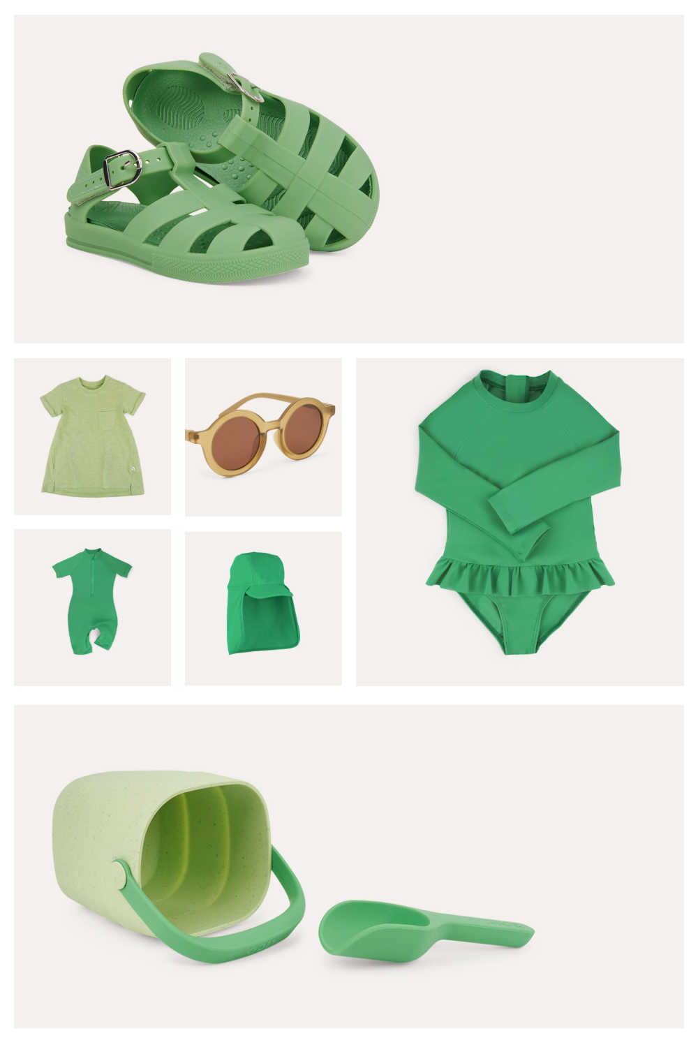 A selection of eco-friendly beach wear and beach toys, all in the colour green, from Kidly.