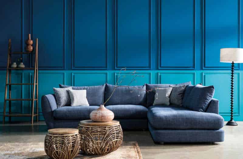 Barker and Stonehouse sustainable blue sofa made from recycled materials