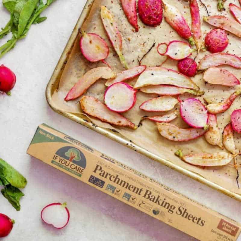 Roasted radishes on eco-friendly baking sheets from the Natural Collection eco-friendly shop.