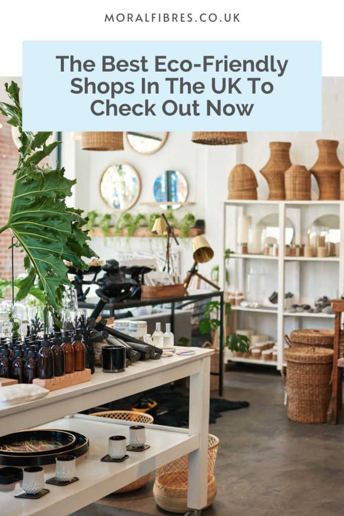 The inside of a shop, full of plants, baskets and beauty products, with a blue text box that reads the best eco-friendly shops in the UK to check out now.