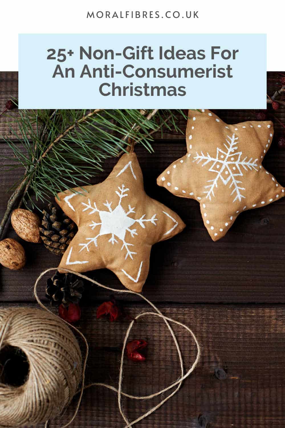 Christmas stars with a blue text box that reads 25+ non-gift ideas for an anti-consumerist Christmas.