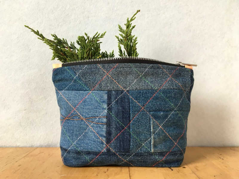 Jeanie and Me upcycled pouch made from old jeans and old denim clothes.