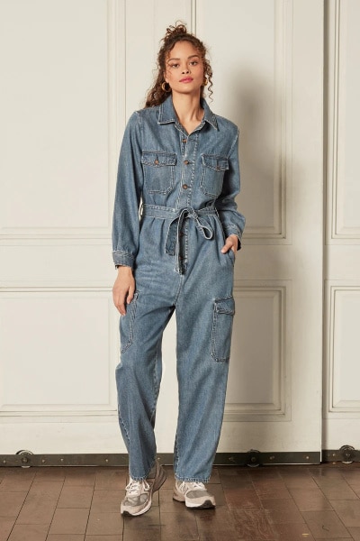 Person wearing a recycled denim jumpsuit from Boyish Jeans