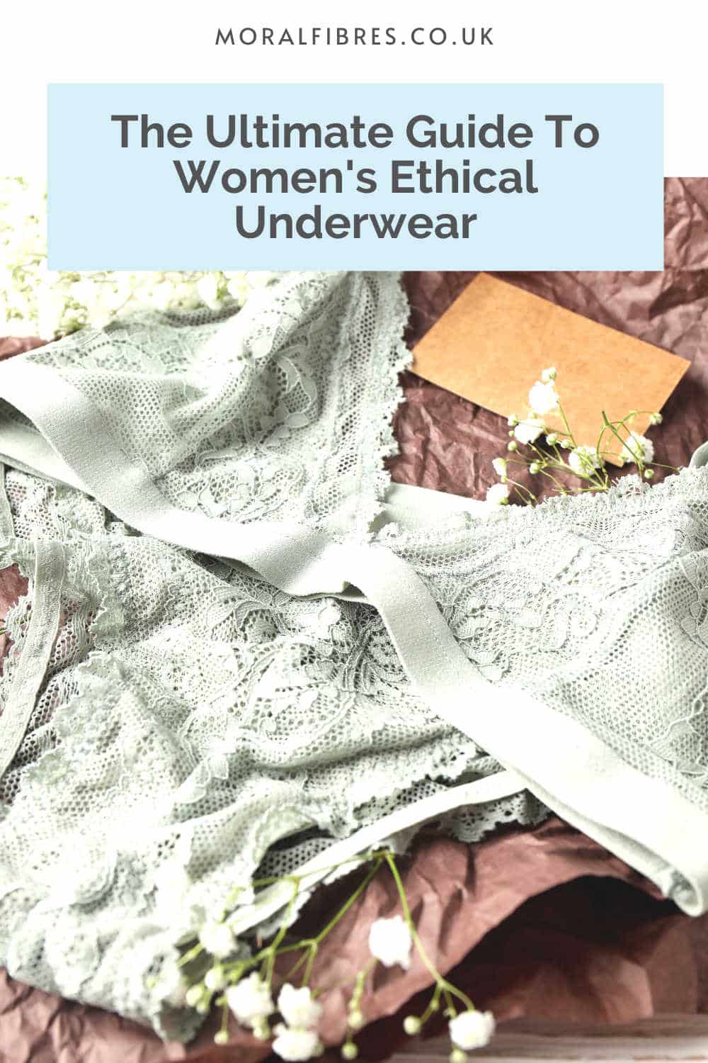 Pale green lace underwear with a blue text box that reads the ultimate guide to women's ethical underwear.