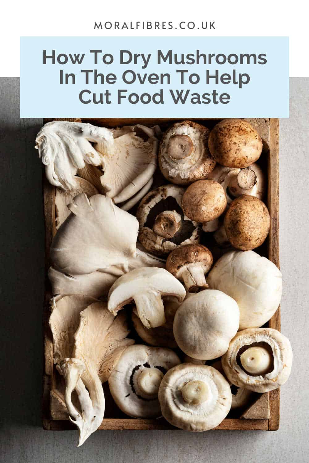 Tray of fungi with blue text box that reads how to dry mushrooms in the oven to help cut food waste.