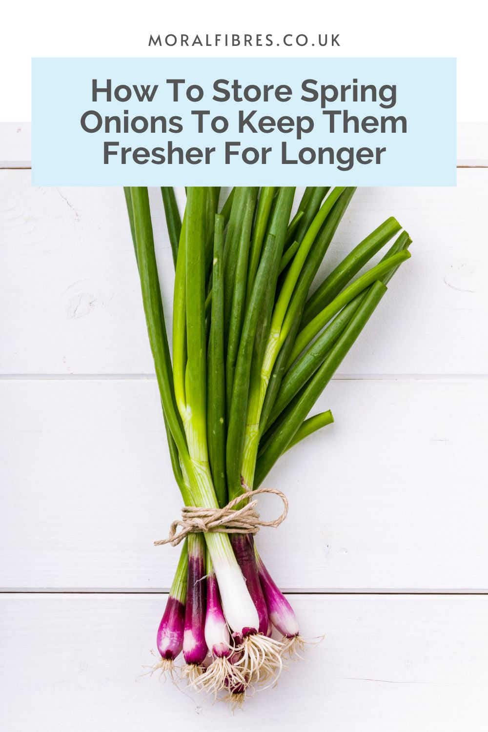 Bunch of spring onions on a white background with a blue text box that reads how to store spring onions to keep them fresher for longer
