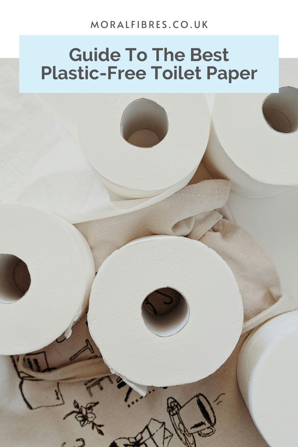 Five toilets roll on a beige background with a blue text box that reads guide to the best plastic-free toilet paper.
