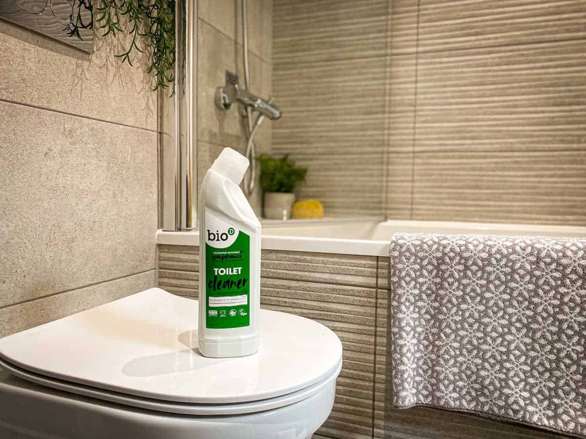 Bottle of Bio-D eco-friendly toilet cleaner in a clean bathroom.