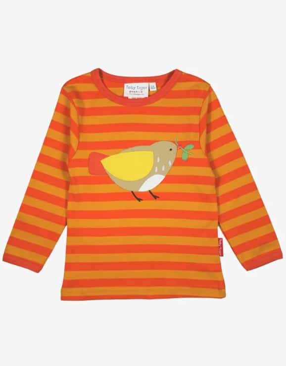Orange and red kids striped top from ethical retailer Toby Tiger