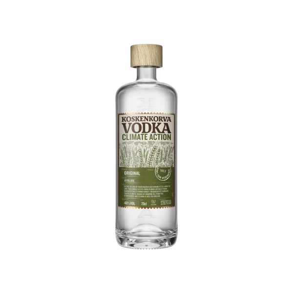 Bottle of Koskenkorva Climate Action Vodka with a green label and wooden stopper.