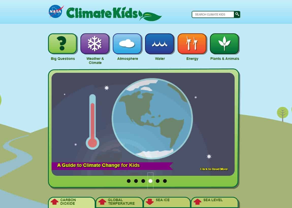 Screenshot of NASA's Climate Kids website showing a guide to climate change for kids, as well as sections on big questions, weather and climate, atmosphere, water, energy, and plants and animals.